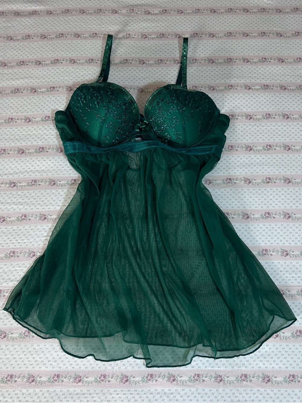 Sheer Emerald Green Lace-Accented Babydoll Chemise
